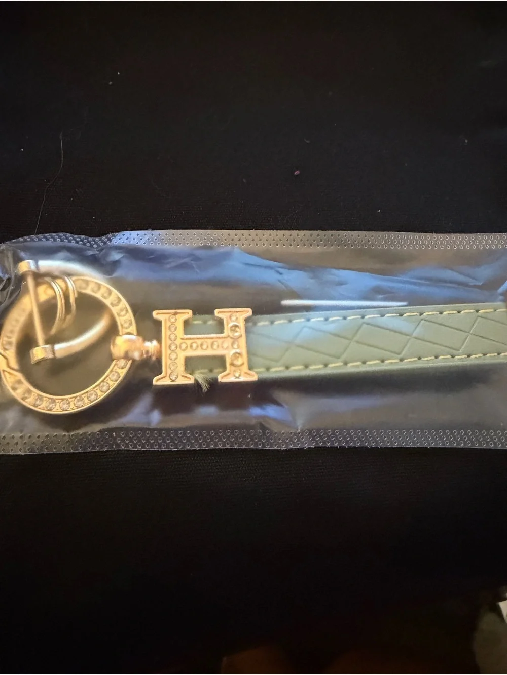 Gold H Logo Quilted Leather Keychain Wristlet - Sage Green